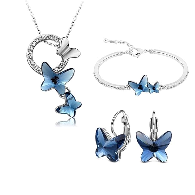 Italian Designer Platinum Plated Crystal Butterfly Earrings Chain Pendant Necklace Combo Jewellery Set for Women and Girls