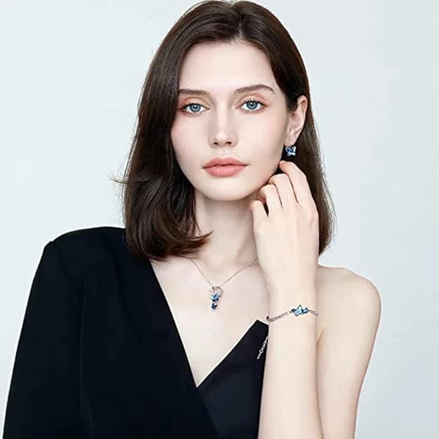 Italian Designer Platinum Plated Crystal Butterfly Earrings Chain Pendant Necklace Combo Jewellery Set for Women and Girls - Image 2